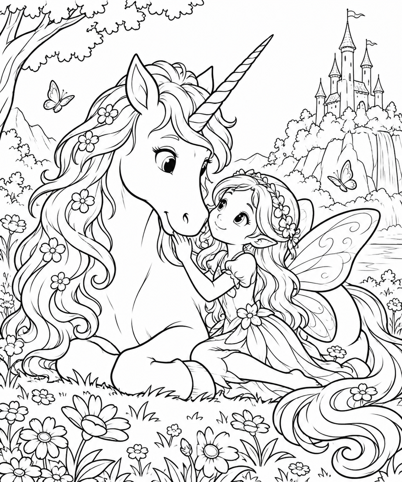 Einhorn und Fee auf der Wiese