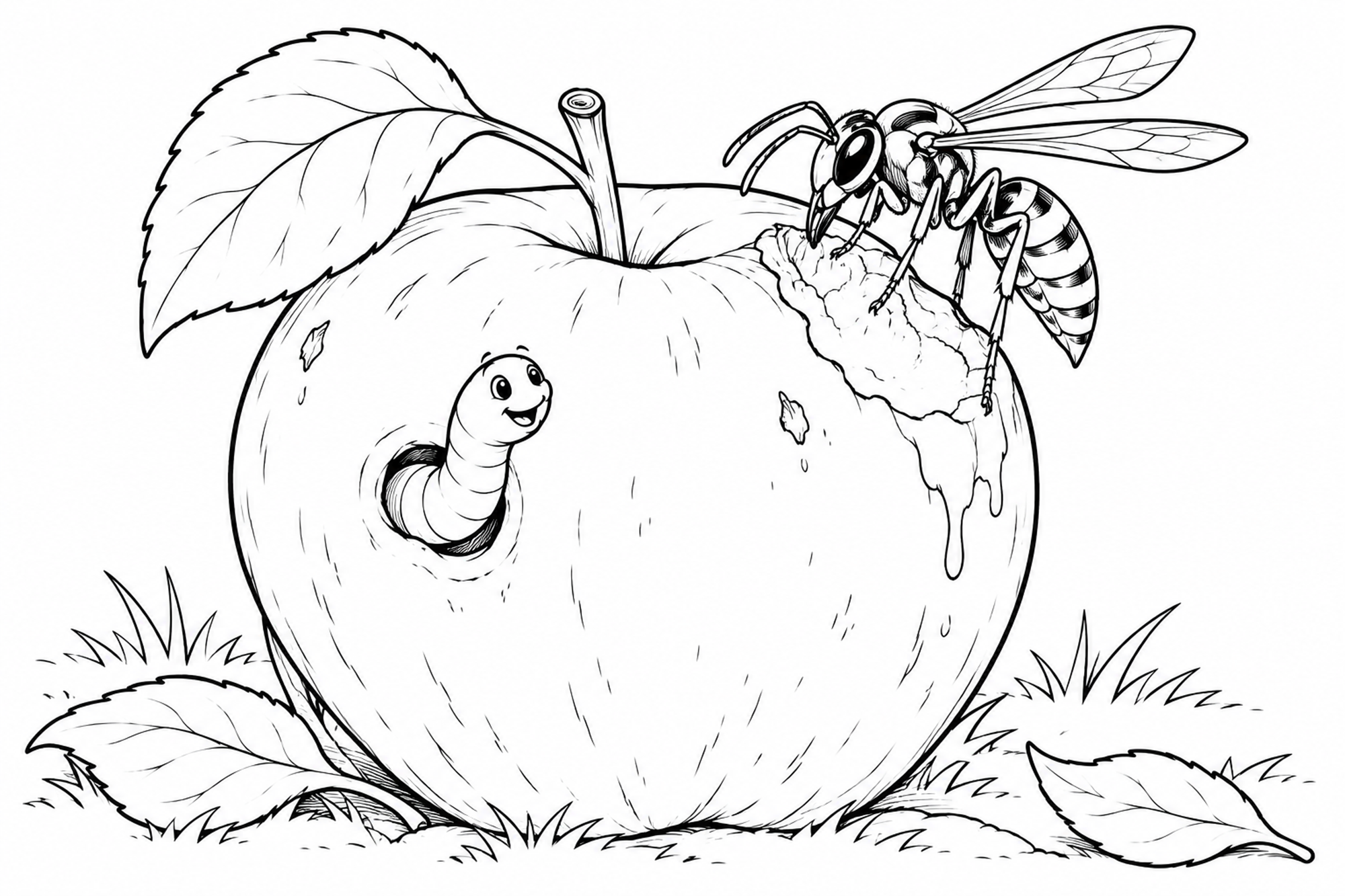 Apfel mit Wurm und Wespe