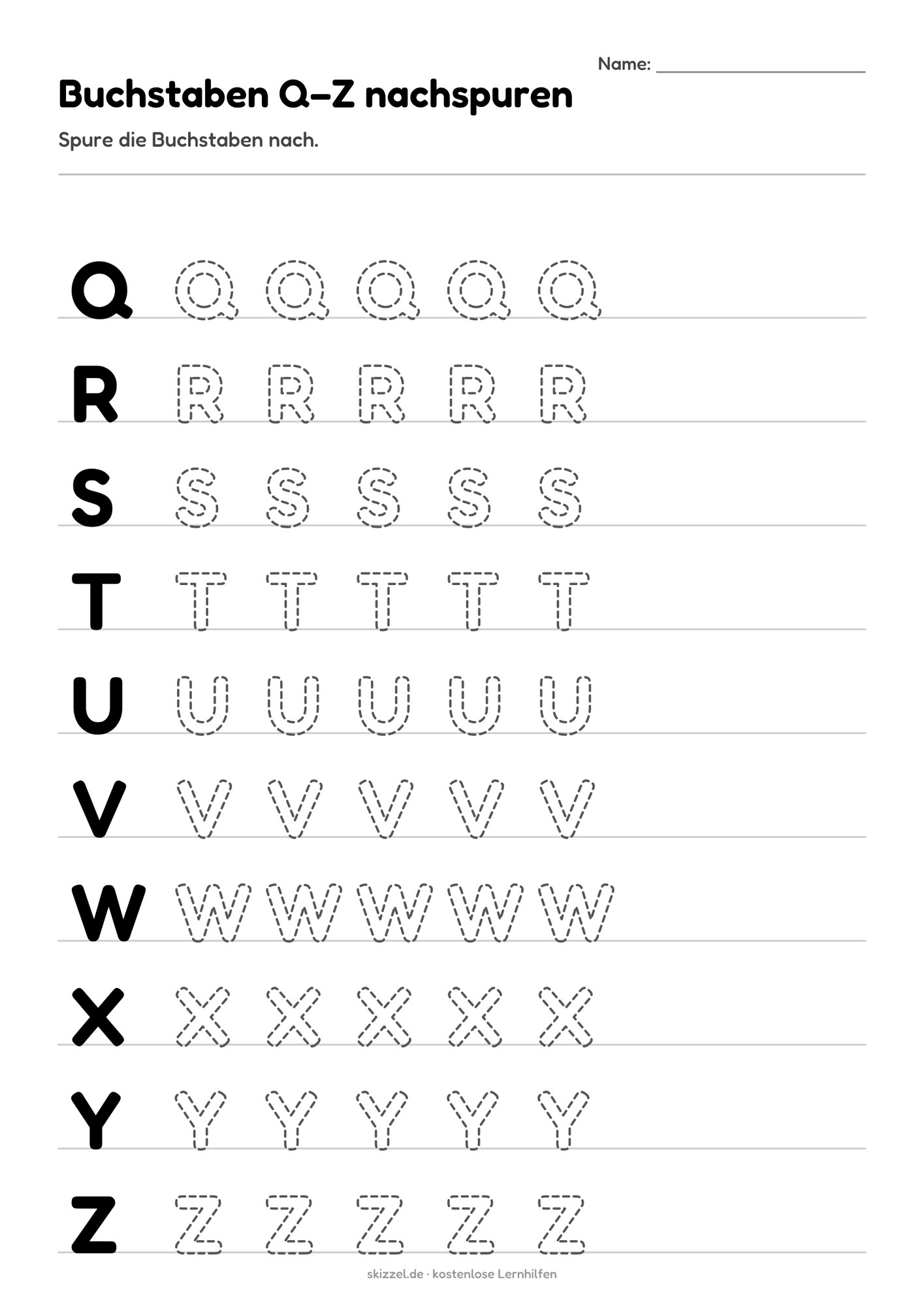 Buchstaben Q–Z nachspuren