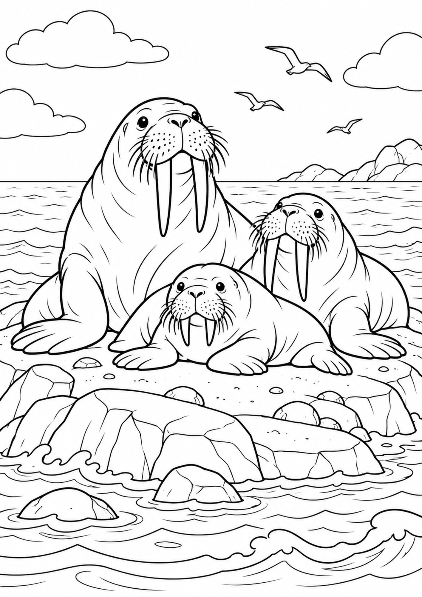 Walrossfamilie auf den Felsen